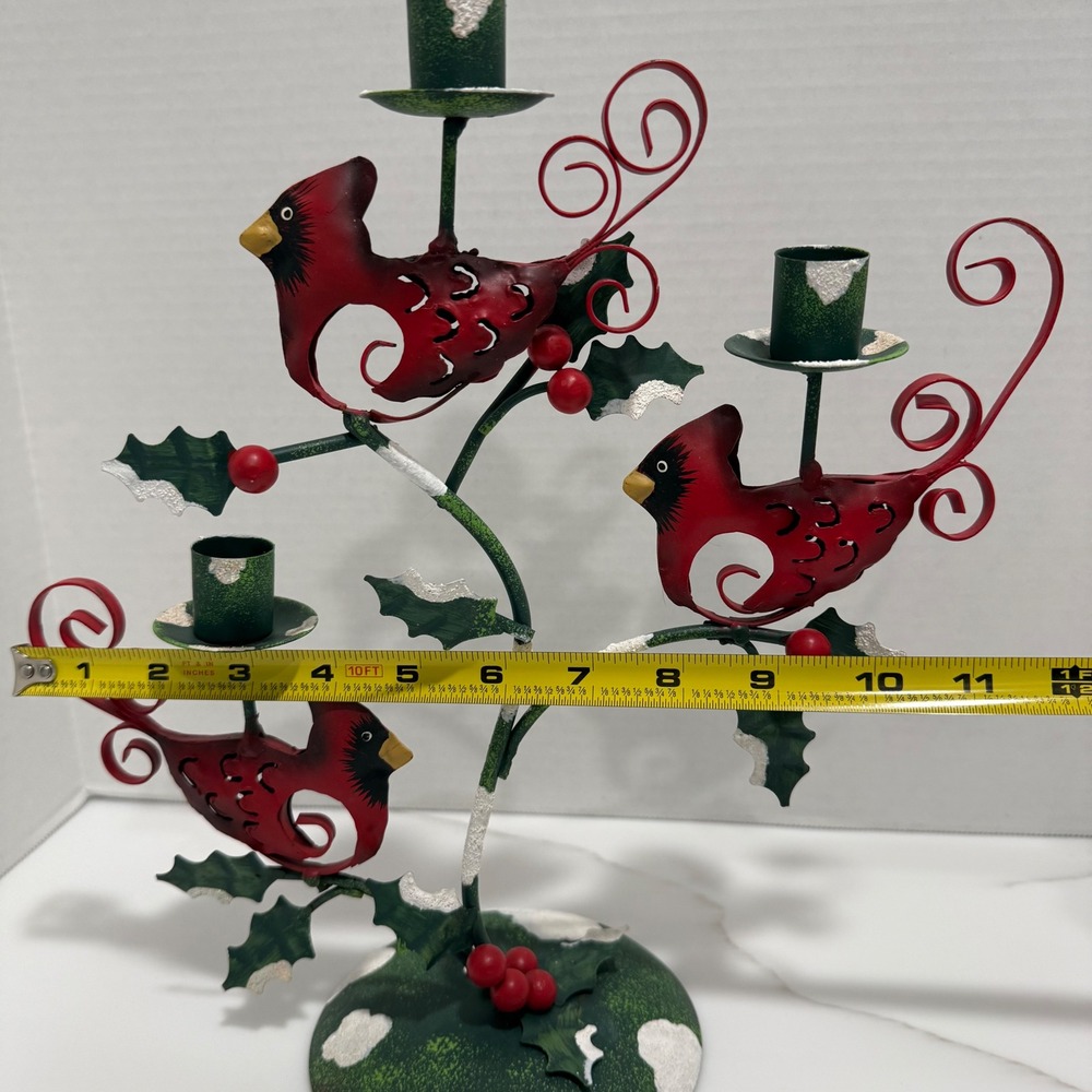 VTG Metal Cardinal Taper 3-Candle Holder Rustic Christmas Holly Bird Centerpiece - Picture 9 of 14
